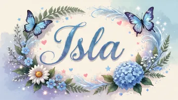 Isla horizontal diseño 4 - Composición magica con nombre en letra cursiva azul, rodeado de hortensias azules, margaritas blancas y delicadas flores silvestres, enmarcado por suaves remolinos de agua, mariposas azules y destellos estelares sobre un fondo etéreo y romántico.