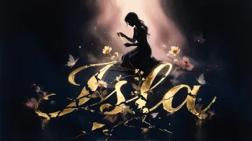 Isla horizontal diseño 6 - Composición de ilustración semirrealista cinematográfica con silueta femenina tejiendo un hilo dorado de luz sobre un suelo oscuro fracturado al estilo Kintsugi, donde el nombre resalta en un prominente guión caligráfico dorado que emerge de las grietas, rodeado de flores blancas, mariposas y un fondo degradado de azules profundos iluminado por una luz celestial en tonos melocotón y crema, con una frase de aliento en tipografía blanca en la parte inferior.