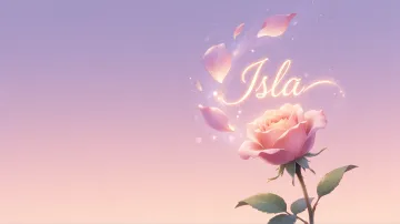 Isla horizontal diseño 8 - Fondo de Pantalla con degradado suave que transiciona de lila en la parte superior a melocotón y rosa pastel en la base, destacando una rosa rosada hiperrealista con tallo y hojas verdes. El nombre brilla en tipografía cursiva con efecto neón cálido, adornado con pétalos cayendo y chispas de luz mágica.