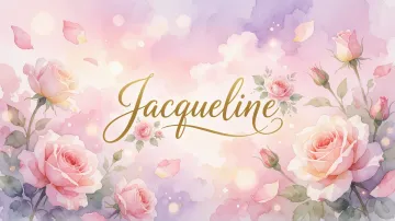Jacqueline horizontal diseño 10 - Diseño estilo acuarela con un fondo etéreo y texturizado en nubes de tonos rosa pastel y lila suave. Presenta composiciones de rosas abiertas y capullos en los bordes inferior y superior, con pétalos cayendo delicadamente. Incorpora destellos de luz cálida (efecto bokeh) y, en el centro, resalta una tipografía elegante, cursiva y fluida en color dorado.