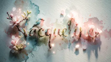 Jacqueline horizontal diseño 11 - Un delicado diseño de estilo acuarela digital que combina una tipografía de caligrafía personalizada para el nombre en tonos dorados y rosados suaves, adornada con pequeñas hojas y brotes. Un pajarito azul y naranja vibrante está posado en una de las letras. Todo está rodeado por un marco circular de ramas de cerezo en flor con delicadas flores rosadas y blancas. El fondo es un lavado de acuarela difuminado en tonos pastel suaves de azul cerceta, rosa rubor y melocotón sobre una textura de papel rugoso, con destellos luminosos y motas de luz bokeh flotando alrededor, creando una atmósfera mágica y soñadora. Las sombras suaves proyectadas añaden profundidad.