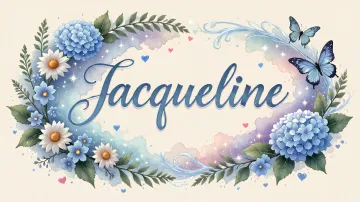 Jacqueline horizontal diseño 4 - Composición magica con nombre en letra cursiva azul, rodeado de hortensias azules, margaritas blancas y delicadas flores silvestres, enmarcado por suaves remolinos de agua, mariposas azules y destellos estelares sobre un fondo etéreo y romántico.