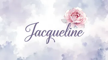 Jacqueline horizontal diseño 5 - Nombre en elegante tipografía cursiva caligráfica en tono lavanda, sobre fondo acuarela de cielo nublado en tonos pastel (azul, blanco, lavanda), decorado con rosa en acuarela de pétalos rosa pálido, blanco crema y lilas suaves con hojas en gris-verde.