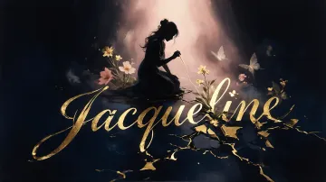 Jacqueline horizontal diseño 6 - Composición de ilustración semirrealista cinematográfica con silueta femenina tejiendo un hilo dorado de luz sobre un suelo oscuro fracturado al estilo Kintsugi, donde el nombre resalta en un prominente guión caligráfico dorado que emerge de las grietas, rodeado de flores blancas, mariposas y un fondo degradado de azules profundos iluminado por una luz celestial en tonos melocotón y crema, con una frase de aliento en tipografía blanca en la parte inferior.