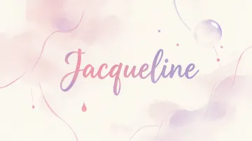 Jacqueline horizontal diseño 7 - Diseño abstracto en acuarela sobre fondo crema, con manchas fluidas y etéreas en rosa pastel y lila, líneas curvas que aportan movimiento, pequeñas gotas salpicadas cayendo verticalmente y una burbuja translúcida en la parte superior izquierda. El nombre resalta al centro con una tipografía cursiva amplia y elegante en degradado rosa a morado.