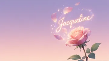 Jacqueline horizontal diseño 8 - Fondo de Pantalla con degradado suave que transiciona de lila en la parte superior a melocotón y rosa pastel en la base, destacando una rosa rosada hiperrealista con tallo y hojas verdes. El nombre brilla en tipografía cursiva con efecto neón cálido, adornado con pétalos cayendo y chispas de luz mágica.