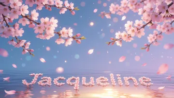 Jacqueline horizontal diseño 9 - Composición serena y onírica con ramas de cerezo en flor (sakura) en la parte superior contra un cielo en degradado de azul suave y lila. Pétalos de color rosa pastel flotan delicadamente en el aire cayendo hacia una superficie de agua tranquila y cristalina. En el centro inferior, el nombre está formado por pétalos de flores con un sutil efecto de relieve 3D y tipografía floral, reflejándose sobre el agua que está iluminada por un cálido destello dorado de luz solar en la esquina inferior derecha.