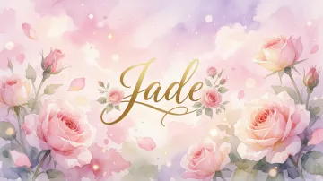 Jade horizontal diseño 10 - Diseño estilo acuarela con un fondo etéreo y texturizado en nubes de tonos rosa pastel y lila suave. Presenta composiciones de rosas abiertas y capullos en los bordes inferior y superior, con pétalos cayendo delicadamente. Incorpora destellos de luz cálida (efecto bokeh) y, en el centro, resalta una tipografía elegante, cursiva y fluida en color dorado.