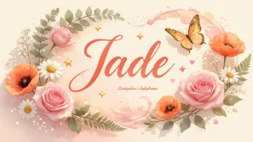 Jade horizontal diseño 3 - Elegante composición de rosas rosadas y amapolas naranjas con mariposas doradas brillantes sobre un fondo cálido, romántico y mágico.
