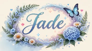 Jade horizontal diseño 4 - Composición magica con nombre en letra cursiva azul, rodeado de hortensias azules, margaritas blancas y delicadas flores silvestres, enmarcado por suaves remolinos de agua, mariposas azules y destellos estelares sobre un fondo etéreo y romántico.
