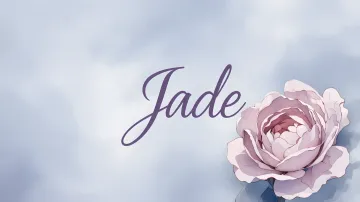 Jade horizontal diseño 5 - Nombre en elegante tipografía cursiva caligráfica en tono lavanda, sobre fondo acuarela de cielo nublado en tonos pastel (azul, blanco, lavanda), decorado con rosa en acuarela de pétalos rosa pálido, blanco crema y lilas suaves con hojas en gris-verde.