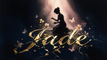 Jade horizontal diseño 6 - Composición de ilustración semirrealista cinematográfica con silueta femenina tejiendo un hilo dorado de luz sobre un suelo oscuro fracturado al estilo Kintsugi, donde el nombre resalta en un prominente guión caligráfico dorado que emerge de las grietas, rodeado de flores blancas, mariposas y un fondo degradado de azules profundos iluminado por una luz celestial en tonos melocotón y crema, con una frase de aliento en tipografía blanca en la parte inferior.