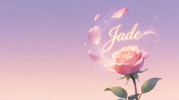 Jade horizontal diseño 8 - Fondo de Pantalla con degradado suave que transiciona de lila en la parte superior a melocotón y rosa pastel en la base, destacando una rosa rosada hiperrealista con tallo y hojas verdes. El nombre brilla en tipografía cursiva con efecto neón cálido, adornado con pétalos cayendo y chispas de luz mágica.