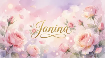 Janina horizontal diseño 10 - Diseño estilo acuarela con un fondo etéreo y texturizado en nubes de tonos rosa pastel y lila suave. Presenta composiciones de rosas abiertas y capullos en los bordes inferior y superior, con pétalos cayendo delicadamente. Incorpora destellos de luz cálida (efecto bokeh) y, en el centro, resalta una tipografía elegante, cursiva y fluida en color dorado.