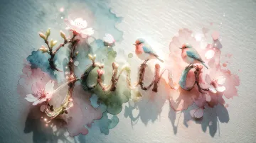 Janina horizontal diseño 11 - Un delicado diseño de estilo acuarela digital que combina una tipografía de caligrafía personalizada para el nombre en tonos dorados y rosados suaves, adornada con pequeñas hojas y brotes. Un pajarito azul y naranja vibrante está posado en una de las letras. Todo está rodeado por un marco circular de ramas de cerezo en flor con delicadas flores rosadas y blancas. El fondo es un lavado de acuarela difuminado en tonos pastel suaves de azul cerceta, rosa rubor y melocotón sobre una textura de papel rugoso, con destellos luminosos y motas de luz bokeh flotando alrededor, creando una atmósfera mágica y soñadora. Las sombras suaves proyectadas añaden profundidad.