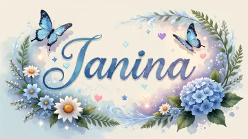 Janina horizontal diseño 4 - Composición magica con nombre en letra cursiva azul, rodeado de hortensias azules, margaritas blancas y delicadas flores silvestres, enmarcado por suaves remolinos de agua, mariposas azules y destellos estelares sobre un fondo etéreo y romántico.