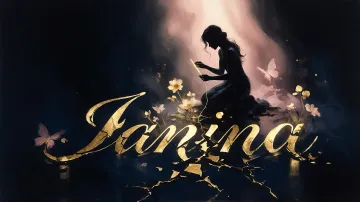 Janina horizontal diseño 6 - Composición de ilustración semirrealista cinematográfica con silueta femenina tejiendo un hilo dorado de luz sobre un suelo oscuro fracturado al estilo Kintsugi, donde el nombre resalta en un prominente guión caligráfico dorado que emerge de las grietas, rodeado de flores blancas, mariposas y un fondo degradado de azules profundos iluminado por una luz celestial en tonos melocotón y crema, con una frase de aliento en tipografía blanca en la parte inferior.