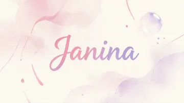 Janina horizontal diseño 7 - Diseño abstracto en acuarela sobre fondo crema, con manchas fluidas y etéreas en rosa pastel y lila, líneas curvas que aportan movimiento, pequeñas gotas salpicadas cayendo verticalmente y una burbuja translúcida en la parte superior izquierda. El nombre resalta al centro con una tipografía cursiva amplia y elegante en degradado rosa a morado.