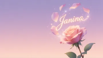 Janina horizontal diseño 8 - Fondo de Pantalla con degradado suave que transiciona de lila en la parte superior a melocotón y rosa pastel en la base, destacando una rosa rosada hiperrealista con tallo y hojas verdes. El nombre brilla en tipografía cursiva con efecto neón cálido, adornado con pétalos cayendo y chispas de luz mágica.