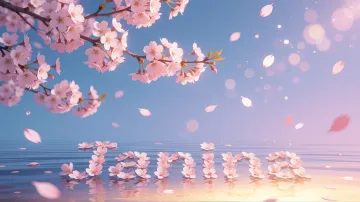 Janina horizontal diseño 9 - Composición serena y onírica con ramas de cerezo en flor (sakura) en la parte superior contra un cielo en degradado de azul suave y lila. Pétalos de color rosa pastel flotan delicadamente en el aire cayendo hacia una superficie de agua tranquila y cristalina. En el centro inferior, el nombre está formado por pétalos de flores con un sutil efecto de relieve 3D y tipografía floral, reflejándose sobre el agua que está iluminada por un cálido destello dorado de luz solar en la esquina inferior derecha.