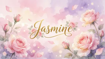 Jasmine horizontal diseño 10 - Diseño estilo acuarela con un fondo etéreo y texturizado en nubes de tonos rosa pastel y lila suave. Presenta composiciones de rosas abiertas y capullos en los bordes inferior y superior, con pétalos cayendo delicadamente. Incorpora destellos de luz cálida (efecto bokeh) y, en el centro, resalta una tipografía elegante, cursiva y fluida en color dorado.
