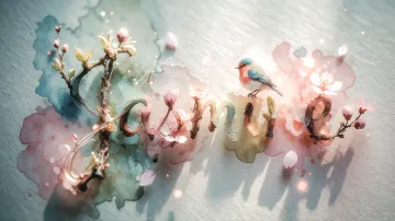 Jasmine horizontal diseño 11 - Un delicado diseño de estilo acuarela digital que combina una tipografía de caligrafía personalizada para el nombre en tonos dorados y rosados suaves, adornada con pequeñas hojas y brotes. Un pajarito azul y naranja vibrante está posado en una de las letras. Todo está rodeado por un marco circular de ramas de cerezo en flor con delicadas flores rosadas y blancas. El fondo es un lavado de acuarela difuminado en tonos pastel suaves de azul cerceta, rosa rubor y melocotón sobre una textura de papel rugoso, con destellos luminosos y motas de luz bokeh flotando alrededor, creando una atmósfera mágica y soñadora. Las sombras suaves proyectadas añaden profundidad.