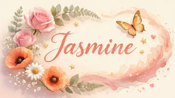 Jasmine horizontal diseño 3 - Elegante composición de rosas rosadas y amapolas naranjas con mariposas doradas brillantes sobre un fondo cálido, romántico y mágico.