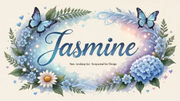 Jasmine horizontal diseño 4 - Composición magica con nombre en letra cursiva azul, rodeado de hortensias azules, margaritas blancas y delicadas flores silvestres, enmarcado por suaves remolinos de agua, mariposas azules y destellos estelares sobre un fondo etéreo y romántico.