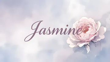 Jasmine horizontal diseño 5 - Nombre en elegante tipografía cursiva caligráfica en tono lavanda, sobre fondo acuarela de cielo nublado en tonos pastel (azul, blanco, lavanda), decorado con rosa en acuarela de pétalos rosa pálido, blanco crema y lilas suaves con hojas en gris-verde.