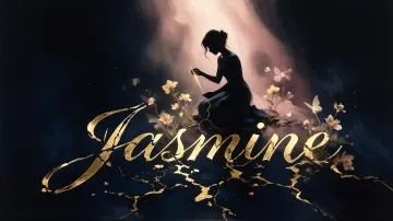 Jasmine horizontal diseño 6 - Composición de ilustración semirrealista cinematográfica con silueta femenina tejiendo un hilo dorado de luz sobre un suelo oscuro fracturado al estilo Kintsugi, donde el nombre resalta en un prominente guión caligráfico dorado que emerge de las grietas, rodeado de flores blancas, mariposas y un fondo degradado de azules profundos iluminado por una luz celestial en tonos melocotón y crema, con una frase de aliento en tipografía blanca en la parte inferior.