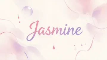 Jasmine horizontal diseño 7 - Diseño abstracto en acuarela sobre fondo crema, con manchas fluidas y etéreas en rosa pastel y lila, líneas curvas que aportan movimiento, pequeñas gotas salpicadas cayendo verticalmente y una burbuja translúcida en la parte superior izquierda. El nombre resalta al centro con una tipografía cursiva amplia y elegante en degradado rosa a morado.