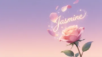 Jasmine horizontal diseño 8 - Fondo de Pantalla con degradado suave que transiciona de lila en la parte superior a melocotón y rosa pastel en la base, destacando una rosa rosada hiperrealista con tallo y hojas verdes. El nombre brilla en tipografía cursiva con efecto neón cálido, adornado con pétalos cayendo y chispas de luz mágica.