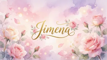 Jimena horizontal diseño 10 - Diseño estilo acuarela con un fondo etéreo y texturizado en nubes de tonos rosa pastel y lila suave. Presenta composiciones de rosas abiertas y capullos en los bordes inferior y superior, con pétalos cayendo delicadamente. Incorpora destellos de luz cálida (efecto bokeh) y, en el centro, resalta una tipografía elegante, cursiva y fluida en color dorado.