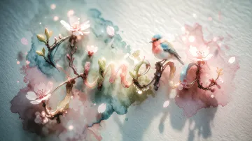 Jimena horizontal diseño 11 - Un delicado diseño de estilo acuarela digital que combina una tipografía de caligrafía personalizada para el nombre en tonos dorados y rosados suaves, adornada con pequeñas hojas y brotes. Un pajarito azul y naranja vibrante está posado en una de las letras. Todo está rodeado por un marco circular de ramas de cerezo en flor con delicadas flores rosadas y blancas. El fondo es un lavado de acuarela difuminado en tonos pastel suaves de azul cerceta, rosa rubor y melocotón sobre una textura de papel rugoso, con destellos luminosos y motas de luz bokeh flotando alrededor, creando una atmósfera mágica y soñadora. Las sombras suaves proyectadas añaden profundidad.