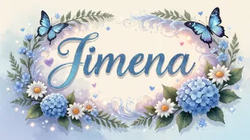 Jimena horizontal diseño 4 - Composición magica con nombre en letra cursiva azul, rodeado de hortensias azules, margaritas blancas y delicadas flores silvestres, enmarcado por suaves remolinos de agua, mariposas azules y destellos estelares sobre un fondo etéreo y romántico.