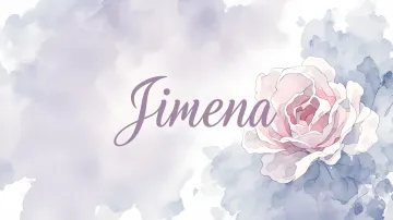 Jimena horizontal diseño 5 - Nombre en elegante tipografía cursiva caligráfica en tono lavanda, sobre fondo acuarela de cielo nublado en tonos pastel (azul, blanco, lavanda), decorado con rosa en acuarela de pétalos rosa pálido, blanco crema y lilas suaves con hojas en gris-verde.