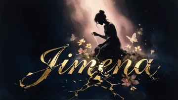 Jimena horizontal diseño 6 - Composición de ilustración semirrealista cinematográfica con silueta femenina tejiendo un hilo dorado de luz sobre un suelo oscuro fracturado al estilo Kintsugi, donde el nombre resalta en un prominente guión caligráfico dorado que emerge de las grietas, rodeado de flores blancas, mariposas y un fondo degradado de azules profundos iluminado por una luz celestial en tonos melocotón y crema, con una frase de aliento en tipografía blanca en la parte inferior.