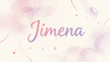 Jimena horizontal diseño 7 - Diseño abstracto en acuarela sobre fondo crema, con manchas fluidas y etéreas en rosa pastel y lila, líneas curvas que aportan movimiento, pequeñas gotas salpicadas cayendo verticalmente y una burbuja translúcida en la parte superior izquierda. El nombre resalta al centro con una tipografía cursiva amplia y elegante en degradado rosa a morado.