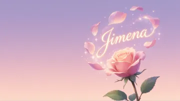 Jimena horizontal diseño 8 - Fondo de Pantalla con degradado suave que transiciona de lila en la parte superior a melocotón y rosa pastel en la base, destacando una rosa rosada hiperrealista con tallo y hojas verdes. El nombre brilla en tipografía cursiva con efecto neón cálido, adornado con pétalos cayendo y chispas de luz mágica.