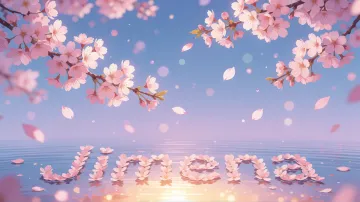 Jimena horizontal diseño 9 - Composición serena y onírica con ramas de cerezo en flor (sakura) en la parte superior contra un cielo en degradado de azul suave y lila. Pétalos de color rosa pastel flotan delicadamente en el aire cayendo hacia una superficie de agua tranquila y cristalina. En el centro inferior, el nombre está formado por pétalos de flores con un sutil efecto de relieve 3D y tipografía floral, reflejándose sobre el agua que está iluminada por un cálido destello dorado de luz solar en la esquina inferior derecha.