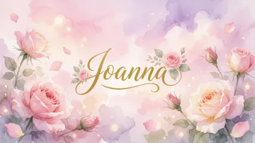 Joanna horizontal diseño 10 - Diseño estilo acuarela con un fondo etéreo y texturizado en nubes de tonos rosa pastel y lila suave. Presenta composiciones de rosas abiertas y capullos en los bordes inferior y superior, con pétalos cayendo delicadamente. Incorpora destellos de luz cálida (efecto bokeh) y, en el centro, resalta una tipografía elegante, cursiva y fluida en color dorado.