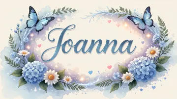 Joanna horizontal diseño 4 - Composición magica con nombre en letra cursiva azul, rodeado de hortensias azules, margaritas blancas y delicadas flores silvestres, enmarcado por suaves remolinos de agua, mariposas azules y destellos estelares sobre un fondo etéreo y romántico.