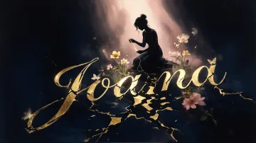 Joanna horizontal diseño 6 - Composición de ilustración semirrealista cinematográfica con silueta femenina tejiendo un hilo dorado de luz sobre un suelo oscuro fracturado al estilo Kintsugi, donde el nombre resalta en un prominente guión caligráfico dorado que emerge de las grietas, rodeado de flores blancas, mariposas y un fondo degradado de azules profundos iluminado por una luz celestial en tonos melocotón y crema, con una frase de aliento en tipografía blanca en la parte inferior.