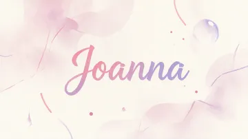 Joanna horizontal diseño 7 - Diseño abstracto en acuarela sobre fondo crema, con manchas fluidas y etéreas en rosa pastel y lila, líneas curvas que aportan movimiento, pequeñas gotas salpicadas cayendo verticalmente y una burbuja translúcida en la parte superior izquierda. El nombre resalta al centro con una tipografía cursiva amplia y elegante en degradado rosa a morado.