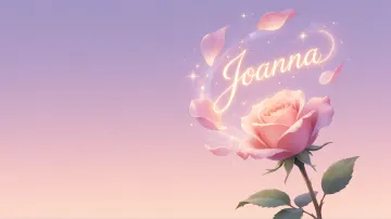Joanna horizontal diseño 8 - Fondo de Pantalla con degradado suave que transiciona de lila en la parte superior a melocotón y rosa pastel en la base, destacando una rosa rosada hiperrealista con tallo y hojas verdes. El nombre brilla en tipografía cursiva con efecto neón cálido, adornado con pétalos cayendo y chispas de luz mágica.