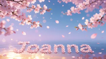 Joanna horizontal diseño 9 - Composición serena y onírica con ramas de cerezo en flor (sakura) en la parte superior contra un cielo en degradado de azul suave y lila. Pétalos de color rosa pastel flotan delicadamente en el aire cayendo hacia una superficie de agua tranquila y cristalina. En el centro inferior, el nombre está formado por pétalos de flores con un sutil efecto de relieve 3D y tipografía floral, reflejándose sobre el agua que está iluminada por un cálido destello dorado de luz solar en la esquina inferior derecha.