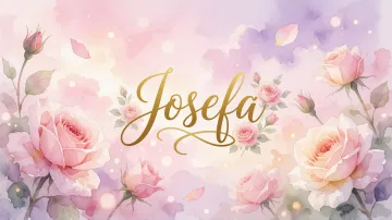 Josefa horizontal diseño 10 - Diseño estilo acuarela con un fondo etéreo y texturizado en nubes de tonos rosa pastel y lila suave. Presenta composiciones de rosas abiertas y capullos en los bordes inferior y superior, con pétalos cayendo delicadamente. Incorpora destellos de luz cálida (efecto bokeh) y, en el centro, resalta una tipografía elegante, cursiva y fluida en color dorado.
