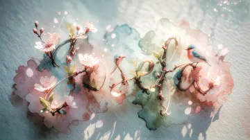 Josefa horizontal diseño 11 - Un delicado diseño de estilo acuarela digital que combina una tipografía de caligrafía personalizada para el nombre en tonos dorados y rosados suaves, adornada con pequeñas hojas y brotes. Un pajarito azul y naranja vibrante está posado en una de las letras. Todo está rodeado por un marco circular de ramas de cerezo en flor con delicadas flores rosadas y blancas. El fondo es un lavado de acuarela difuminado en tonos pastel suaves de azul cerceta, rosa rubor y melocotón sobre una textura de papel rugoso, con destellos luminosos y motas de luz bokeh flotando alrededor, creando una atmósfera mágica y soñadora. Las sombras suaves proyectadas añaden profundidad.