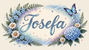 Josefa horizontal diseño 4 - Composición magica con nombre en letra cursiva azul, rodeado de hortensias azules, margaritas blancas y delicadas flores silvestres, enmarcado por suaves remolinos de agua, mariposas azules y destellos estelares sobre un fondo etéreo y romántico.