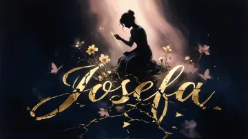 Josefa horizontal diseño 6 - Composición de ilustración semirrealista cinematográfica con silueta femenina tejiendo un hilo dorado de luz sobre un suelo oscuro fracturado al estilo Kintsugi, donde el nombre resalta en un prominente guión caligráfico dorado que emerge de las grietas, rodeado de flores blancas, mariposas y un fondo degradado de azules profundos iluminado por una luz celestial en tonos melocotón y crema, con una frase de aliento en tipografía blanca en la parte inferior.